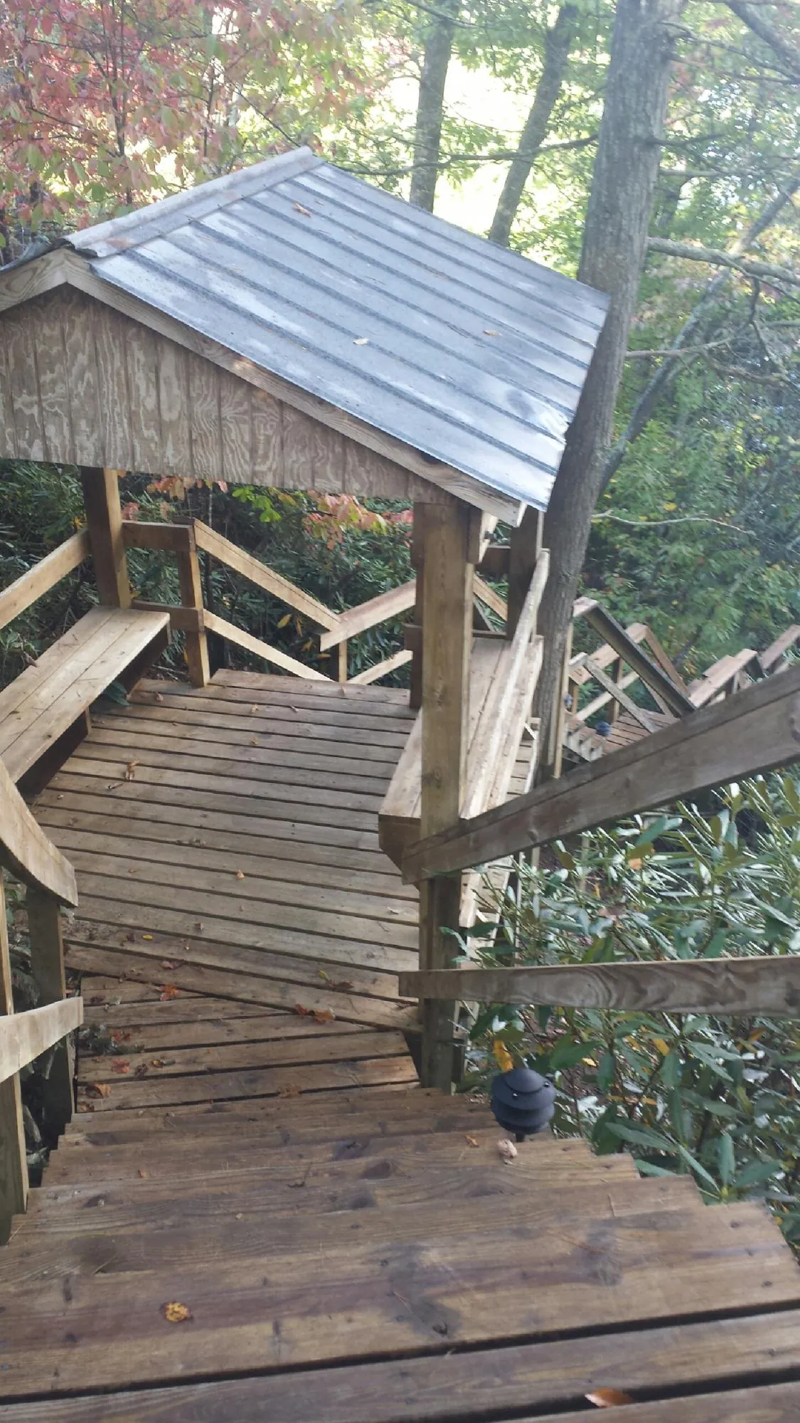 Metal roofed shelter over wooden steps on a wooded walkway — Skylight Repair & Installation work by our crew in Harlan